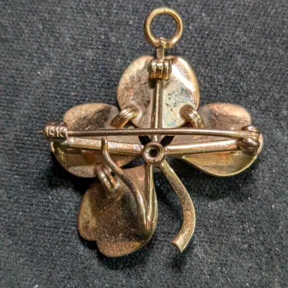 Crane & Theurer 1900 Art Nouveau Enamel Clover Pendant  brooch 14Kt Gold Pearl - Picture 2 of 6